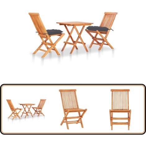 3-tlg. Bistro-Set mit Anthrazit Kissen Massivholz Teak - Gartenmöbel - Teakholz - Bistroset - Outdoor Furniture - Balkonmöbeln