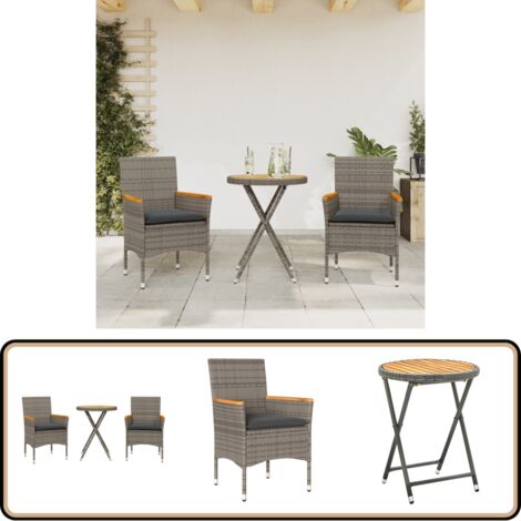 3-tlg. Bistro-Set mit Kissen Grau Poly Rattan & Akazienholz - Gartensitzgruppe - Bistroset - Outdoor Möbel - Gartenmöbel - Esstisch