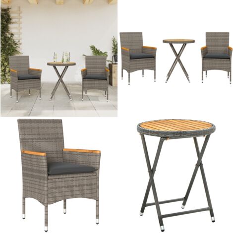 3-tlg. Bistro-Set mit Kissen Grau Poly Rattan & Akazienholz - Gartensitzgruppe - Bistroset - Outdoor Möbel - Gartenmöbel - Esstisch - Home & Living