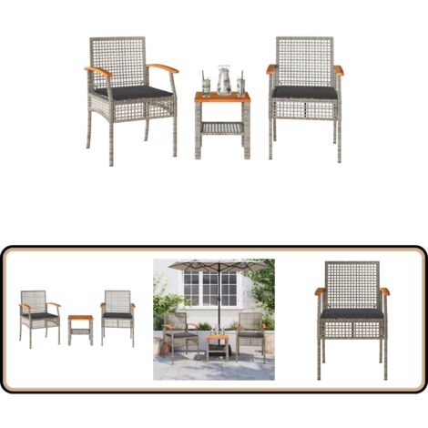 3-tlg. Bistro-Set mit Kissen Grau Poly Rattan Akazienholz - Gartensitzgruppe - Outdoor Möbel - Bistro Set - Gartenmöbel - Esstisch