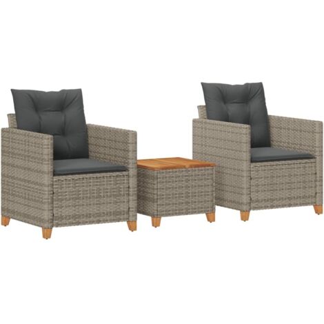 3-tlg. Bistro-Set mit Kissen Grau Poly Rattan Akazienholz vidaXL
