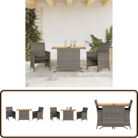 3-tlg. Bistro-Set mit Kissen Grau Poly Rattan - Gartenmöbel - Bistro-Set - Esstisch - Stühlen - Outdoor Möbel