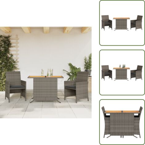3-tlg. Bistro-Set mit Kissen Grau Poly Rattan - Gartenmöbel - Bistro-Set - Esstisch - Stühlen - Outdoor Möbel
