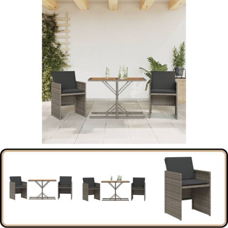3-tlg. Bistro-Set mit Kissen Grau Poly Rattan - Gartentisch - Esstisch - Bistroset - Outdoor Möbel - Gartenmöbel