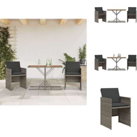 3-tlg. Bistro-Set mit Kissen Grau Poly Rattan - Gartentisch - Esstisch - Bistroset - Outdoor Möbel - Gartenmöbel