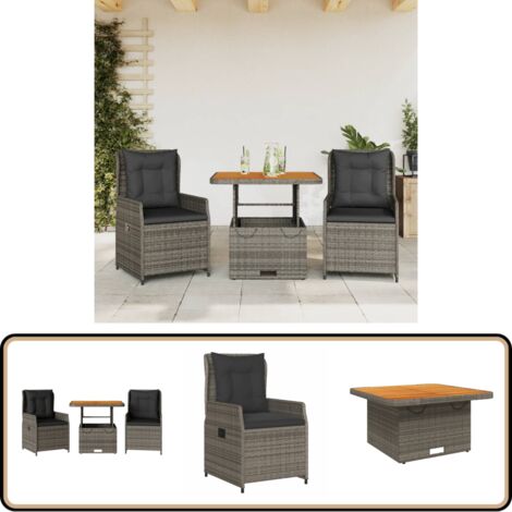 3-tlg. Bistro-Set mit Kissen Grau Poly Rattan - Gartentisch - Esszimmergarnitur - Outdoor Möbel - Lounge Set - Gartenlounge
