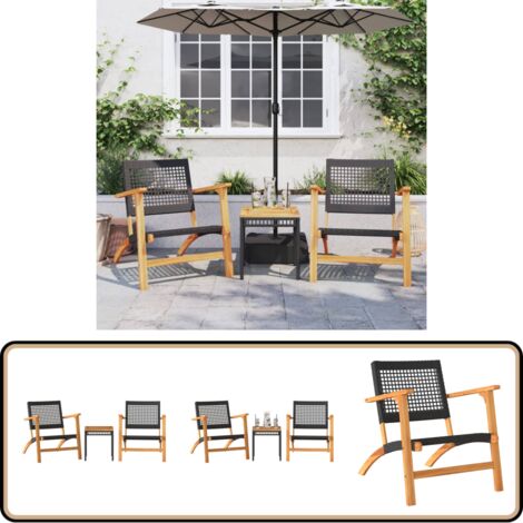 3-tlg. Bistro-Set Schwarz Poly Rattan und Massivholz Akazie - Gartenmöbel - Bistro-Set - Outdoor-Möbel - Rattan-Möbel - Esszimmergarnitur