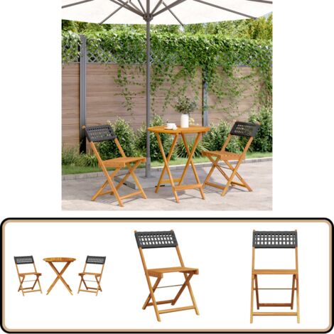 3-tlg. Bistro-Set Schwarz Poly Rattan und Massivholz - Gartenmöbel - Esszimmergarnitur - Bistroset - Holztisch - Poly Rattan Stuhl