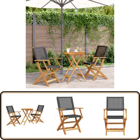 3-tlg. Bistro-Set Schwarz Poly Rattan und Massivholz - Gartensitzgruppe - Outdoor Möbel - Esszimmergarnitur - Bistroset - Gartenmöbel Set