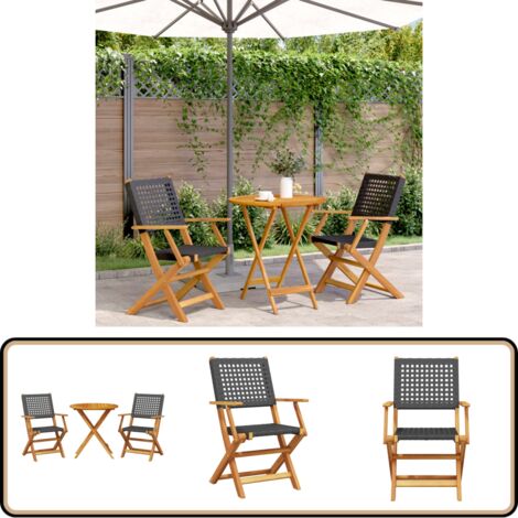 3-tlg. Bistro-Set Schwarz Poly Rattan und Massivholz - Gartensitzgruppe - Outdoor Möbel - Esszimmergarnitur - Bistroset - Gartenmöbel Set