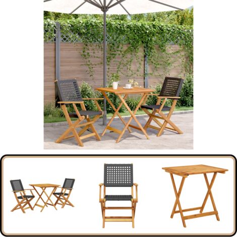 3-tlg. Bistro-Set Schwarz Poly Rattan und Massivholz - Gartentisch - Outdoor Möbel - Esszimmergarnitur - Bistroset - Gartenstühle