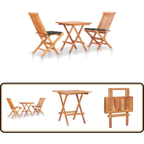 3-tlg. Bistroset mit Anthrazit Kissen Massivholz Teak - Gartenmöbel - Teakholz - Bistroset - Outdoor Furniture - Balkonmöbeln