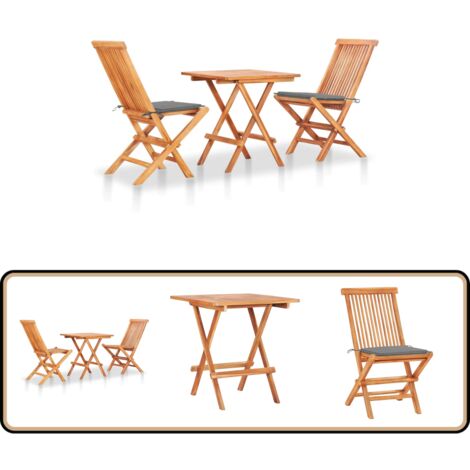 3-tlg. Bistroset mit Grauen Kissen Massivholz Teak - Holz-Bistroset - Teakholzmöbel - Gartenmöbel - Outdoor-Möbel - Balkonmöbel