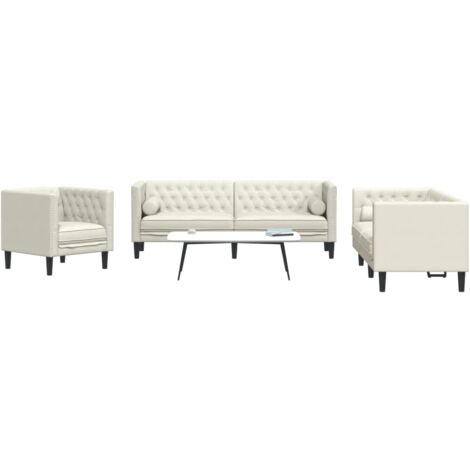 3-tlg. Chesterfield-Sofa-Set mit Nackenrollen Creme Samt vidaXL