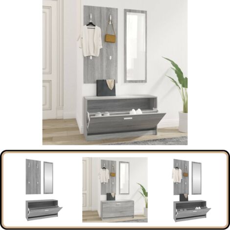 3-tlg. Flurmöbel-Set Grau Sonoma Holzwerkstoff - Schuhschrank - Garderobe - Spiegel - Flurmöbel - Wohnraumorganisation