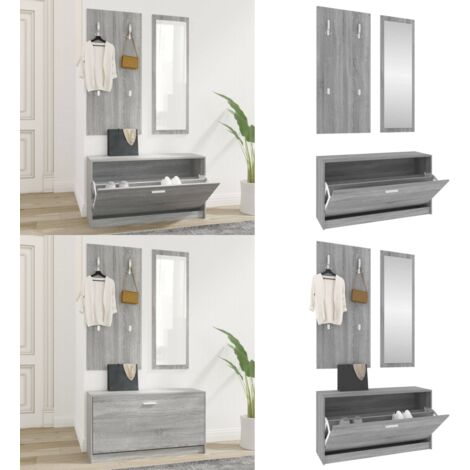 3-tlg. Flurmöbel-Set Grau Sonoma Holzwerkstoff - Schuhschrank - Garderobe - Spiegel - Flurmöbel - Wohnraumorganisation - Home & Living