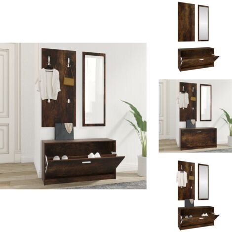 3-tlg. Flurmöbel-Set Räuchereiche Holzwerkstoff - Schuhschrank - Garderobe - Spiegel - Flurmöbel - Wohnraumorganisation