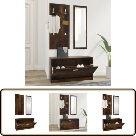 3-tlg. Flurmöbel-Set Räuchereiche Holzwerkstoff - Schuhschrank - Garderobe - Spiegel - Flurmöbel - Wohnraumorganisation