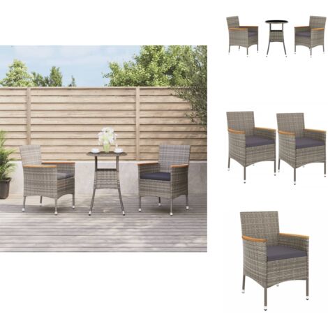 3-tlg. Garten-Bistro-Set mit Kissen Grau Poly Rattan - Gartensitzgruppe - Outdoor Möbel - Bistroset - Gartenmöbel - Esstisch