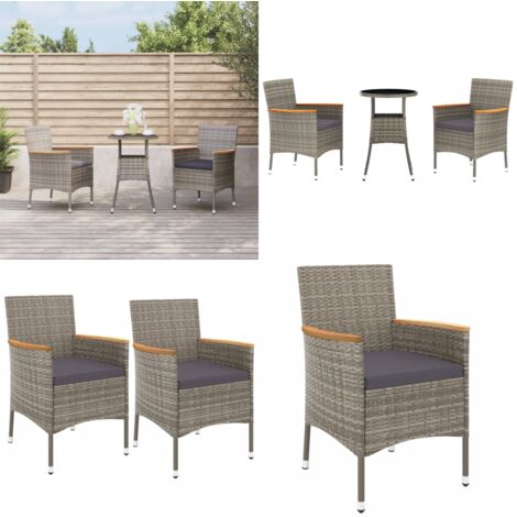 3-tlg. Garten-Bistro-Set mit Kissen Grau Poly Rattan - Gartensitzgruppe - Outdoor Möbel - Bistroset - Gartenmöbel - Esstisch - Home & Living