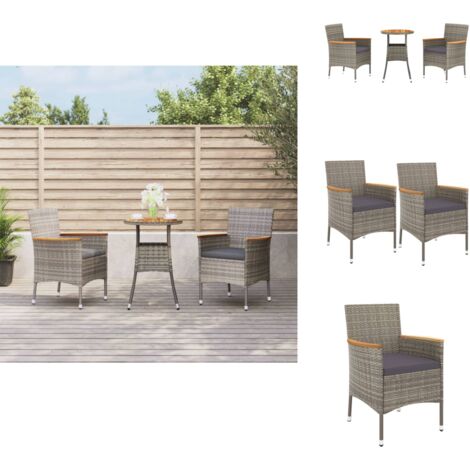 3-tlg. Garten-Bistro-Set mit Kissen Grau Poly Rattan - Gartensitzgruppe - Outdoor Möbel - Bistroset - Gartenmöbel - Polyrattan