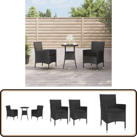 3-tlg. Garten-Bistro-Set mit Kissen Schwarz Poly Rattan - Gartensitzgruppe - Outdoor Möbel - Bistrotisch - Gartenstuhl - Polyrattan