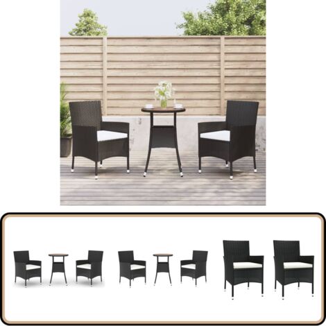 3-tlg. Garten-Bistro-Set mit Kissen Schwarz Poly Rattan - Gartensitzgruppe - Outdoor Möbel - Gartenmöbel - Bistroset - Esstisch
