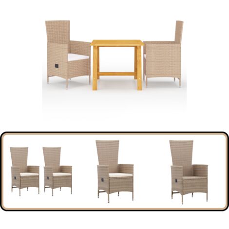 3-tlg. Garten-Essgruppe Beige - Gartentisch - Gartensessel - Rattan Möbel - Outdoor Küche - Gartenmöbeln
