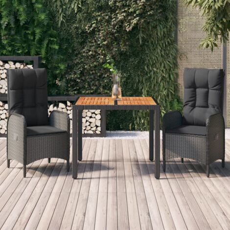 3-tlg. Garten-Essgruppe Gartenmöbel Set Terrassen/Balkon/Outdoor-Essgruppe mit Kissen Schwarz Poly Rattan ETHJ406871 BonneVie