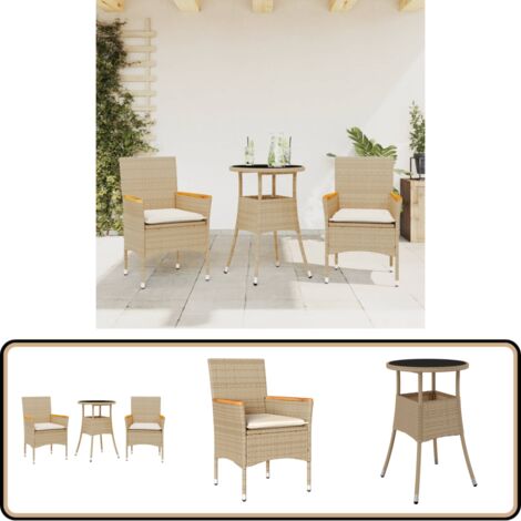 3-tlg. Garten-Essgruppe mit Kissen Beige Poly Rattan und Glas - Gartengruppe - Gartenmöbel - Esstisch - Gartenstühle - PE-Rattan