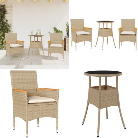 3-tlg. Garten-Essgruppe mit Kissen Beige Poly Rattan und Glas - Gartengruppe - Gartenmöbel - Esstisch - Gartenstühle - PE-Rattan - Home & Living