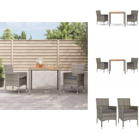 3-tlg. Garten-Essgruppe mit Kissen Grau Poly Rattan - Gartensessel - Gartentisch - Outdoor Möbel - Gartenmöbeln - Rattan Gartenmöbel