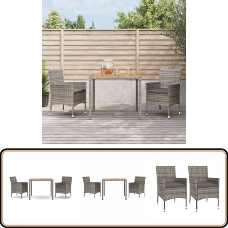 3-tlg. Garten-Essgruppe mit Kissen Grau Poly Rattan - Gartensessel - Gartentisch - Outdoor Möbel - Gartenmöbeln - Rattan Gartenmöbel