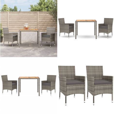 3-tlg. Garten-Essgruppe mit Kissen Grau Poly Rattan - Gartensessel - Gartentisch - Outdoor Möbel - Gartenmöbeln - Rattan Gartenmöbel - Home & Living