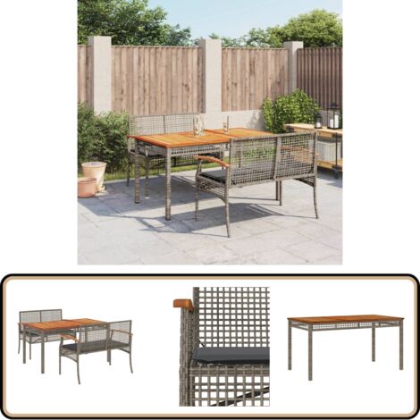 3-tlg. Garten-Essgruppe mit Kissen Grau Poly Rattan - Gartentisch - Esstisch - Gartenmöbel Set - Outdoor Essgruppe - Terrassenmöbel