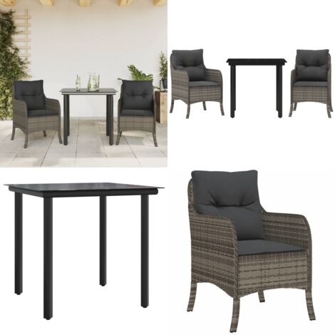 3-tlg. Garten-Essgruppe mit Kissen Grau Poly Rattan - Gartentisch - Gartenstuhl