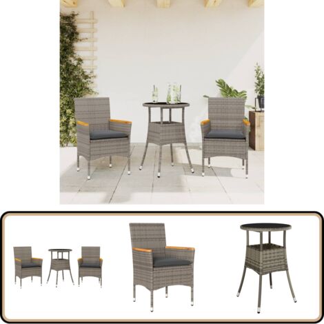 3-tlg. Garten-Essgruppe mit Kissen Grau Poly Rattan und Glas - Gartengruppe - Gartenmöbel - Esstisch - Gartenstühle - Outdoor Möbel
