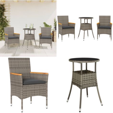 3-tlg. Garten-Essgruppe mit Kissen Grau Poly Rattan und Glas - Gartengruppe - Gartenmöbel - Esstisch - Gartenstühle - Outdoor Möbel - Home & Living