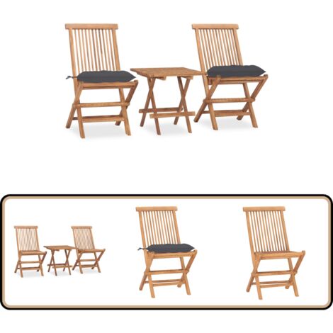 3-tlg. Garten-Essgruppe mit Kissen Klappbar Massivholz Teak - Gartenmöbel Set - Teakholz Gartenmöbel - Garten Essgruppe - Klappbarer Tisch - Outdoor Essbereich