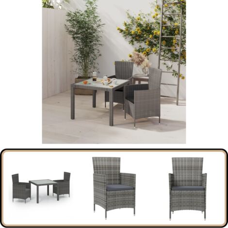 3-tlg. Garten-Essgruppe mit Kissen Poly Rattan Grau - Gartengarnituren - Gartenmöbel Set - Outdoor Esstisch - Rattan Gartenmöbel - Balkonmöbel