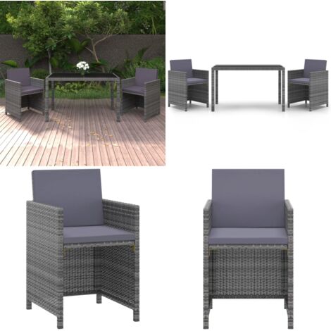 3-tlg. Garten-Essgruppe mit Kissen Poly Rattan Grau - Gartensessel - Esstisch Set - Gartenmöbel - PE-Rattan Möbel - Balkonmöbel - Home & Living
