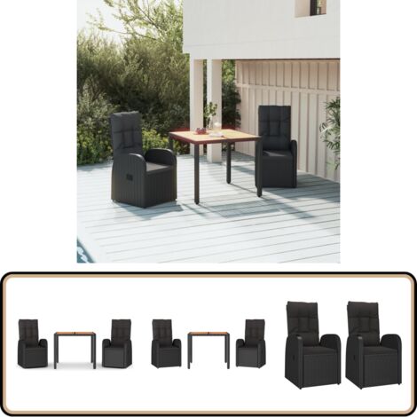 3-tlg. Garten-Essgruppe mit Kissen Schwarz Poly Rattan - Gartensessel - Gartenmöbel - Outdoor Möbel - Esstisch - Essgruppe