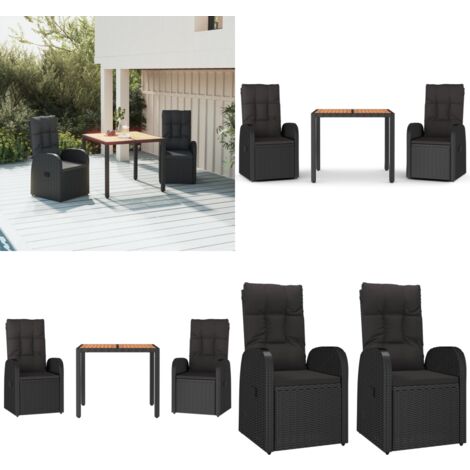3-tlg. Garten-Essgruppe mit Kissen Schwarz Poly Rattan - Gartensessel - Gartenmöbel - Outdoor Möbel - Esstisch - Essgruppe - Home & Living
