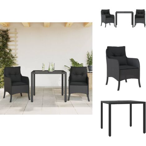 3-tlg. Garten-Essgruppe mit Kissen Schwarz Poly Rattan - Gartensessel - Gartenmöbel Set - Outdoor Möbel - Gartentisch - Rattan Sessel
