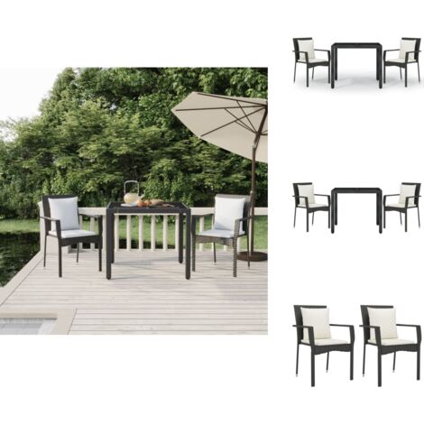 3-tlg. Garten-Essgruppe mit Kissen Schwarz Poly Rattan - Gartensessel - Gartentisch - Gartenmöbelset - Outdoor Möbel - Balkonmöbel