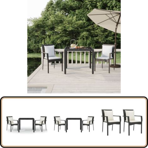 3-tlg. Garten-Essgruppe mit Kissen Schwarz Poly Rattan - Gartensessel - Gartentisch - Gartenmöbelset - Outdoor Möbel - Balkonmöbel