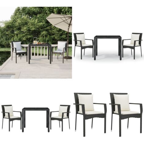 3-tlg. Garten-Essgruppe mit Kissen Schwarz Poly Rattan - Gartensessel - Gartentisch - Gartenmöbelset - Outdoor Möbel - Balkonmöbel - Home & Living