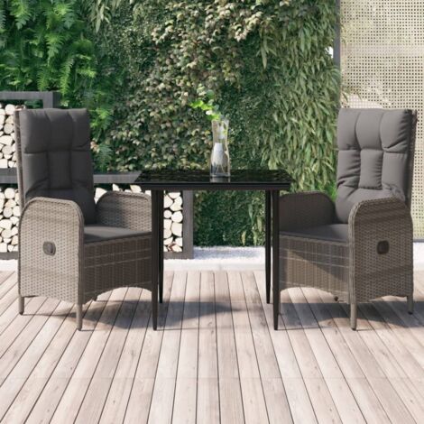 3-tlg. Garten-Essgruppe mit Kissen Schwarz und Grau Poly Rattan vidaXL