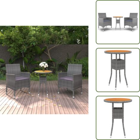 3-tlg. Garten-Essgruppe Poly Rattan Grau - Gartentisch - Outdoor Möbel - Esszimmerset - Gartenstuhl - Balkonmöbel