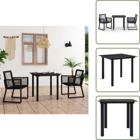 3-tlg. Garten-Essgruppe PVC Rattan Schwarz - Gartenmöbel Set - Gartentisch - Gartenstühle - Outdoor Esstisch - Rattan Gartenmöbel